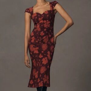 Anthropologie wine red floral dress sweetheart neckline
